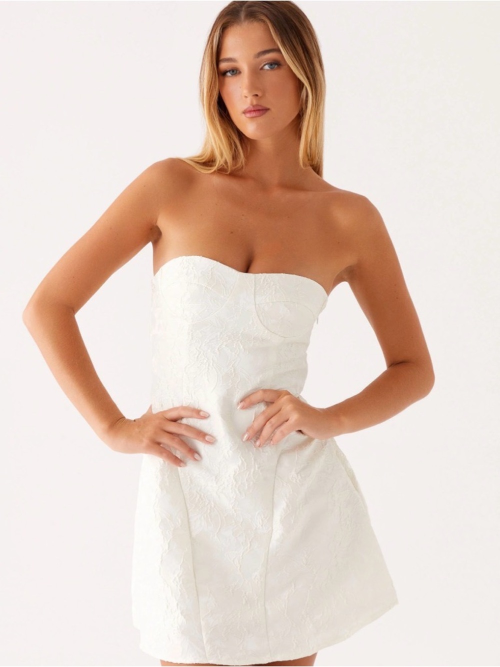 So Stylish Mini Dress Peppermayo White Strapless Jacquard Mini Dress